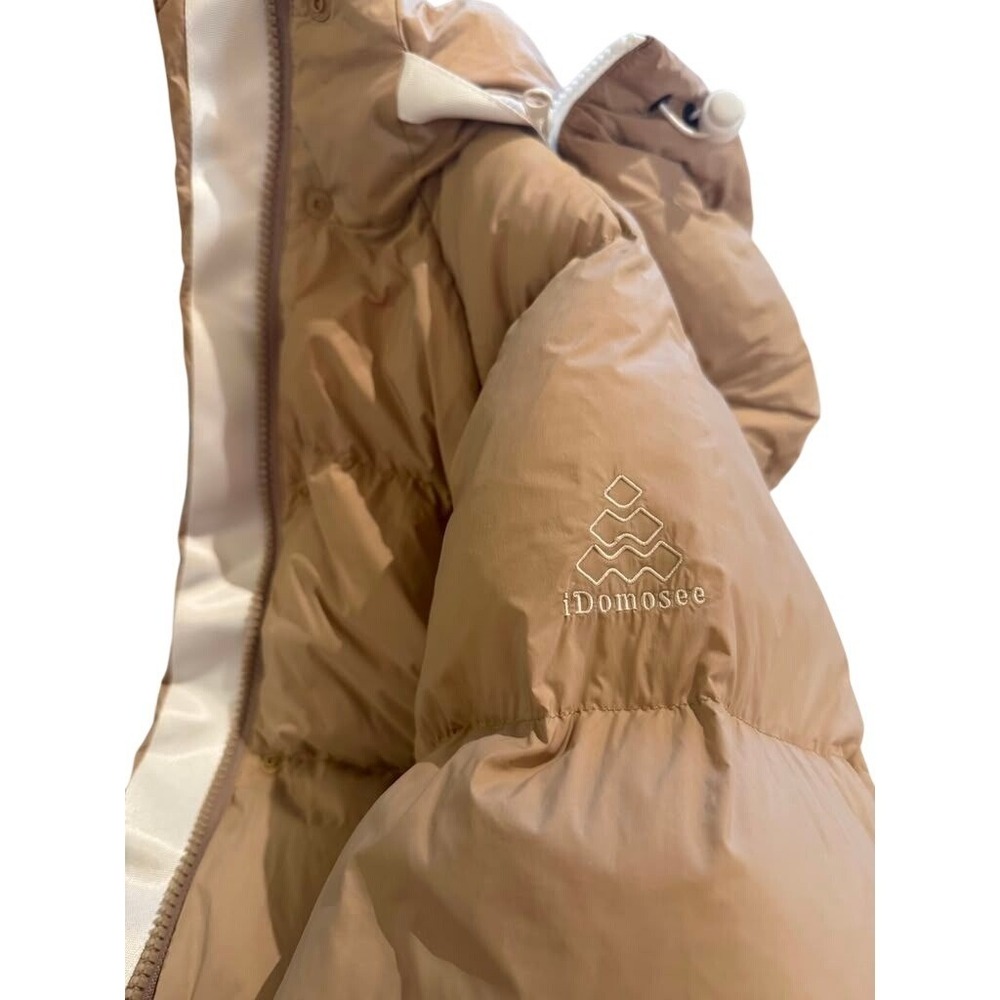 iDomosee Tan Hooded Puffer Jacket White Duck Down Fill Winter Coat Small - Picture 2 of 8